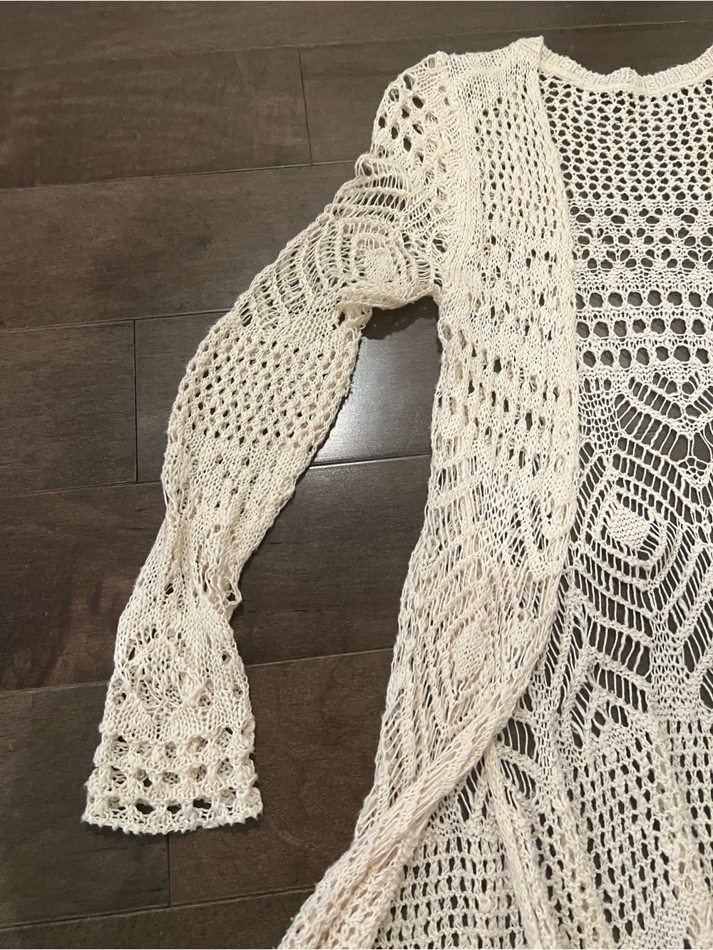 Vintage Mossimo Supply Co. Boho Cream Crochet Long Open Front Summer Duster Coat - Picture 4 of 10